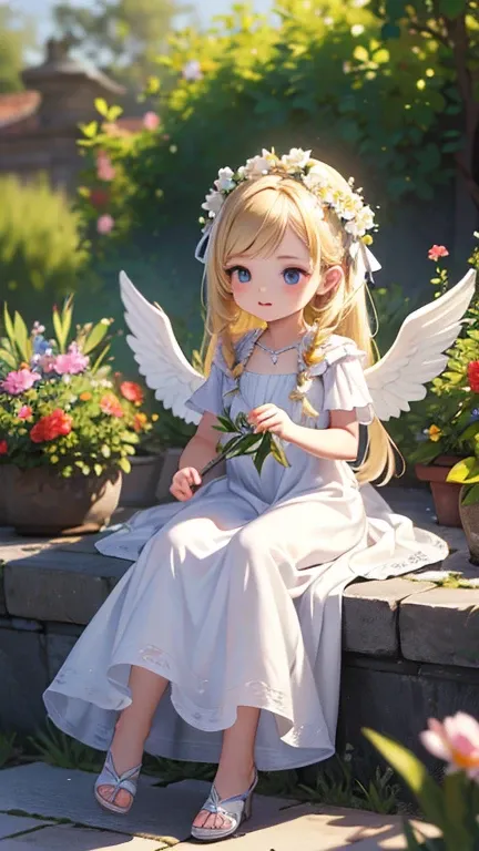 (masterpiece), (best quality), (detailed), garden, Lots of flowers, Little Angel, Blonde Hair, Long Dress, White Feather, ultra realistic, photorealistic, detailed