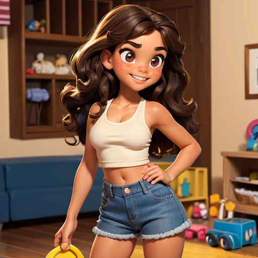 1girl. Full body. Tan skin, freckles on nose, freckles on cheeks, tiny beautiful tiny nose, big eyes, dark brown hair, wavy hair, young, big smile, huge boobs. Wearing a white tank top and denim shorts. Shes in a living room with some toys in the floor