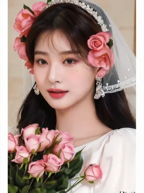 a woman with flowers in her hair and a veil on her head and magenta eyes, flowers on heir cheeks, kim doyoung, ulzzang, popular ...