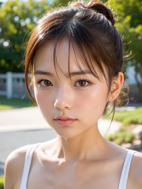 (Beautiful Japanese Women), Cute face, (Deeply carved face:0.7), (Freckles:0.6), Soft Light,Healthy white skin, shy, ponytail, (Serious face), (Shining Eyes), thin,(He fondles the girl&#39;s breasts and puts his hand under her skirt into her vagina.:1.3),(...