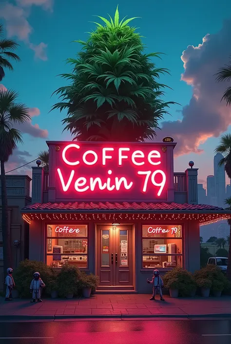 J’aimerai une image avec en fond Los AngeLes je voudrai qu’iL y est écrit sur un coffee Shop (coffee venin 79 ) sur Lenseigne en néon avec sur Le toit une énorme fleur cannabis pLein de alien defoncer a L’entrée du coffee Shop 