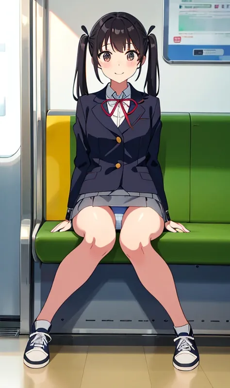 High school girl、Gray Uniform、mini skirt、タイトmini skirt、Lace panties、from the front、8k high resolution、masterpiece、Photo quality、smile、sit in a train seat、Twin tails、ribbon、sneakers