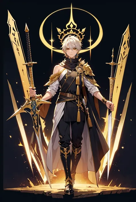 High Resolution, Master piece, Super detailed, Full Body display, Full body angle from head to shoes, Fantasy characters, 1 man, 2, High 190 cm., Weight 80 kg., Yellow eyes, Short white hair, Smooth face, Thighs muscles, Gods crown, Earrings, Holding a one...