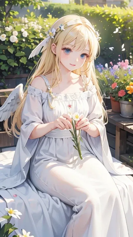 (masterpiece), (best quality), (detailed), garden, Lots of flowers, Little Angel, Blonde Hair, Long Dress, White Feather, ultra realistic, photorealistic, detailed