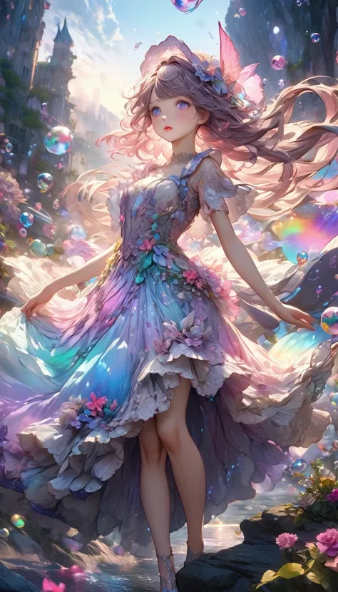 Anatomically correct,((Masterpiece:1.5)). This piece of art is sweet., dreamer, idyllic and ethereal, with soft violet watercolor tones and lots of bubble details adorned with iridescent colors.. beautiful fairy dress, Generates a delicate and demure fairy...