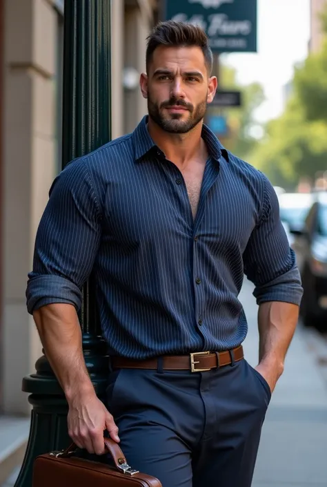 handsome attractive man, muscular in casual clothing, Spectacular fashion dark blue a rayas oxford shirt, burly bodybuilder, close up, with a briefcase in his hand on the street ,  leaning on a big butts post 