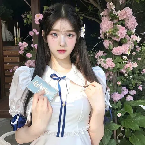 there is a woman in a costume holding a book and a flower and blue like eyes, ulzzang, white hime cut hairstyle, belle delphine,...