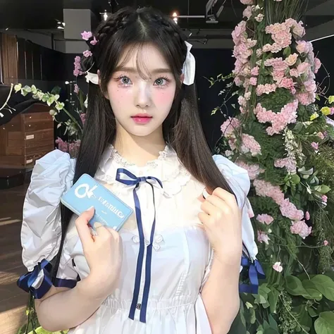 there is a woman in a costume holding a book and a flower and blue like eyes, ulzzang, white hime cut hairstyle, belle delphine,...