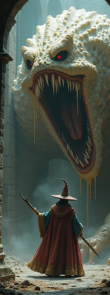 A medieval wizard fighting a giant cake monster, The cake is hyper-realistic and has rows of sharp, monstrous teeth in its mouth.