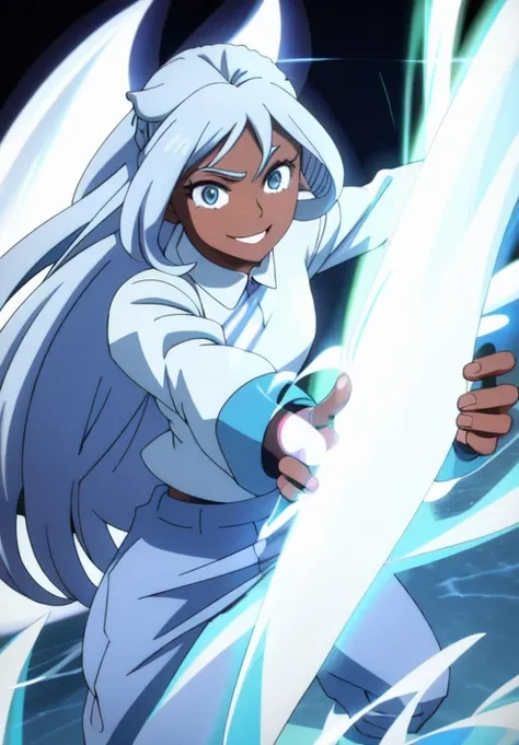 Dark-skinned girl with long white hair and light blue eyes with a cheerful smile on her lips wearing a blue collared top and long white sleeves that reach her elbows and baggy wide pants while she is working her ice power 