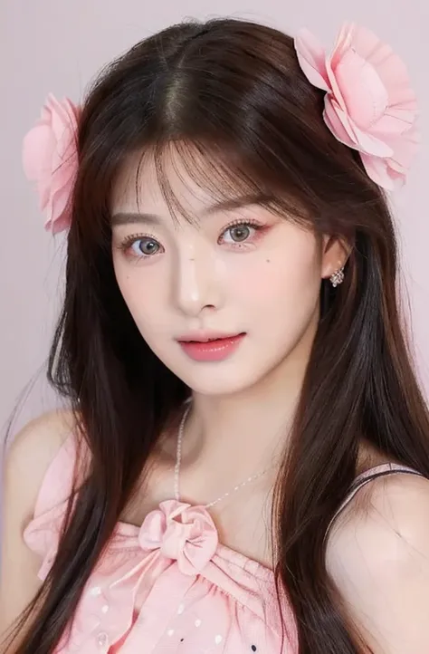 a close up of a woman with long hair wearing a pink dress and pink fucsia eyes, popular south korean makeup, ulzzang, beautiful aesthetic face, kawaii realistic portrait, popular korean makeup, with cute doting eyes, wan adorable korean face, realistic bea...