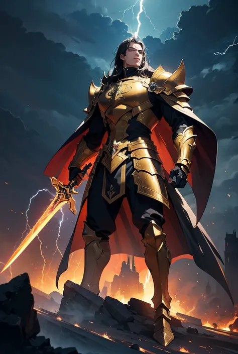 High Resolution, Masterpiece, Super Detailed, UHD, Full body display, Low angle, Dynamic pose, Giant creature, Towering over the landscape, Powerful Aura, God of warrior, Wearing domineering armor, Black-Gold Armored , Fiery eyes and golden pupils shine, H...