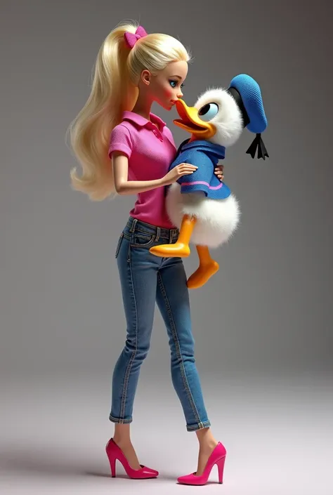 Barbie carried and kissed Donald Duck on the lips. Barbie is wearing pink polo, pink high heels, and skinny blue jeans. Donald duck is wearing his original clothes in the Mickey Mouse and Friends series. Barbie locked lips with Donald Duck. Full height fro...