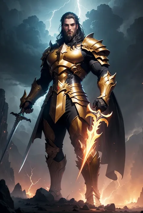 High Resolution, Masterpiece, Super Detailed, UHD, Full body display, Low angle, Dynamic pose, Giant creature, Towering over the landscape, Powerful Aura, God of warrior, Wearing domineering armor, Black-Gold Armored , Fiery eyes and golden pupils shine, H...