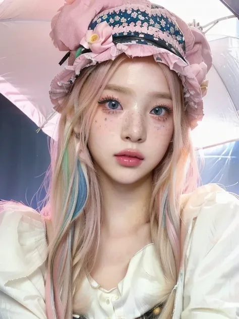 araffe girl with long hair wearing a hat and holding a pink umbrella and blue like eyes, ulzzang, wearing a chocker and cute hat...