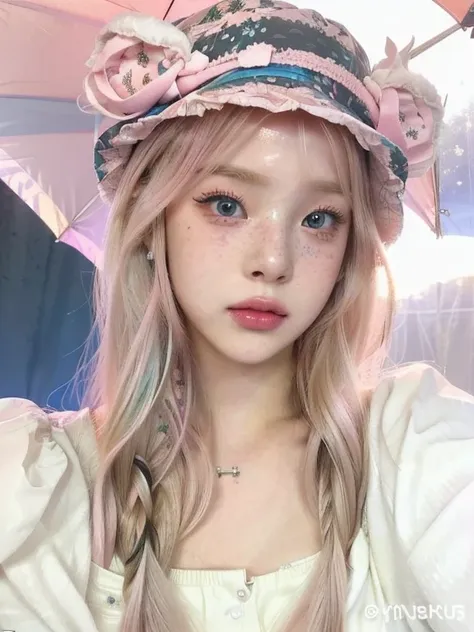 araffe girl with long hair wearing a hat and holding a pink umbrella and blue like eyes, ulzzang, wearing a chocker and cute hat...