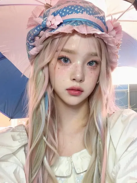 araffe girl with long hair wearing a hat and holding a pink umbrella and blue like eyes, ulzzang, wearing a chocker and cute hat...