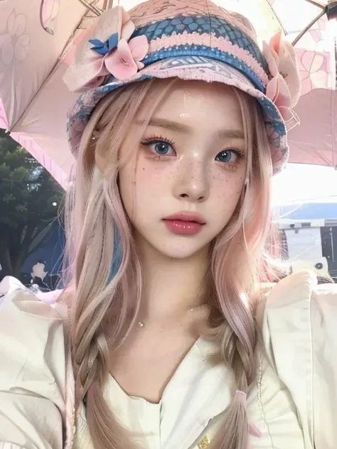 araffe girl with long hair wearing a hat and holding a pink umbrella and blue like eyes, ulzzang, wearing a chocker and cute hat...