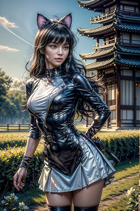 (masterpiece, best quality:1.2), cowboy shot, blake belladonna, cat ears, wearing white shirt, detached sleeve, mini skirt, standing in beautiful field, apple blossoms, japanese pagoda, (masterpiece,stunning girlfriend, heart shaped face, legant face, beau...