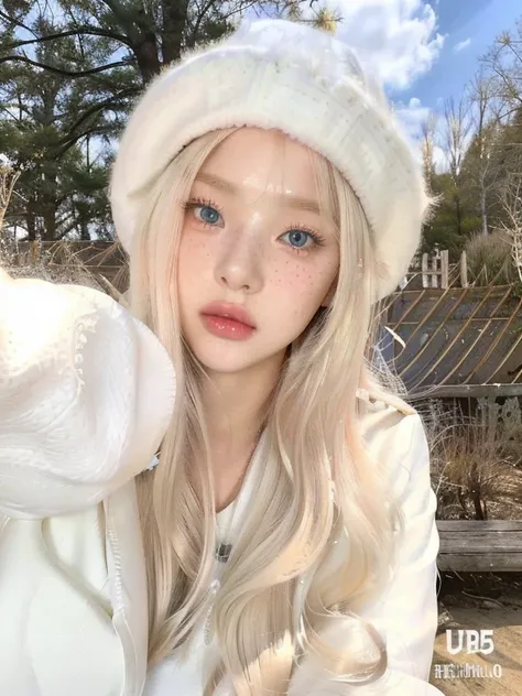 a close up of a woman wearing a white hat and a white coat and blue like eyes, lalisa manobal, ulzzang, long blonde hair and big...