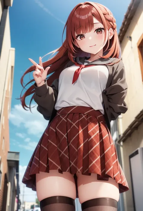 beautiful girl, red hair, light brown eyes, lowered forward, plaid school skirt, sweatshirt, ecchi, pose sexy, straight hair, French braid hair, view from below, 1 , Alone,
