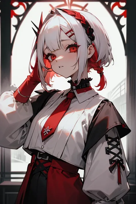 Short white hair, red cheeks, Gothic、Punk Fashion、Headbang 2.、White and red clothes、Braiding、2 hair clips、