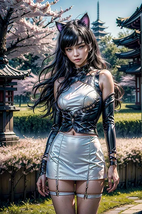 (masterpiece, best quality:1.2), cowboy shot, blake belladonna, cat ears, wearing white shirt, detached sleeve, mini skirt, standing in beautiful field, cherry blossoms, japanese pagoda, (masterpiece,stunning girlfriend, heart shaped face, legant face, bea...