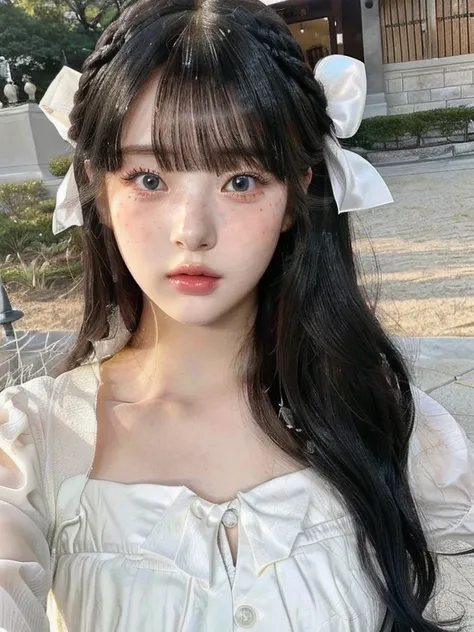 arafed girl with long hair and a white dress posing for a picture and blue like eyes, ulzzang, white hime cut hairstyle, she has black hair with bangs, young adorable korean face, black hime cut hair, wan adorable korean face, long hair with bangs, pale po...