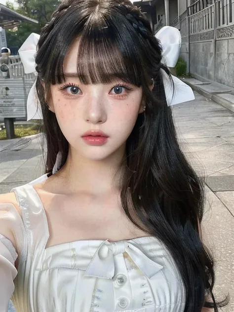 arafed girl with long hair and a white dress posing for a picture and blue like eyes, ulzzang, white hime cut hairstyle, she has...