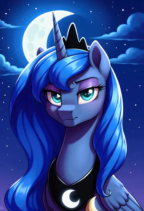 (My Little Pony), high detailed, portrait, (Princess Moon), night, dark blue body, cute serious face