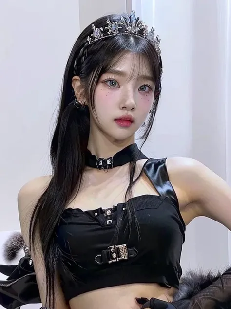 a close up of a woman wearing a black top and a crown and blue like eyes, lalisa manobal, she has black hair with bangs, iu lee ...