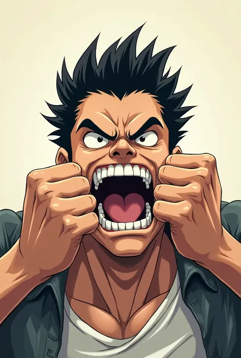 Anime drawing of a man opening his mouth with his hands showing his teeth