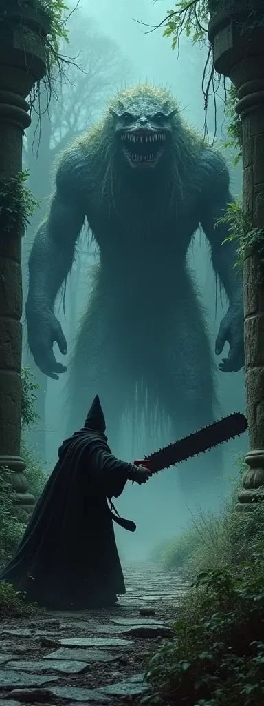 a medieval wizard with a large-bladed chainsaw, Fight in the middle of the darkness of the night against a giant and terrifying monster that has hundreds of teeth and a penetrating gaze in an abandoned temple that preserves plants as part of its nature