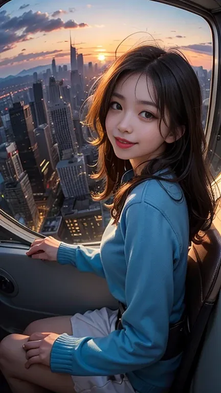 One person, Korean, Fisheye Lens, Selfie, wind, Messy Hair, Beautiful sunset, Cityscape, (Aesthetics and atmosphere:1.2),smile, Don&#39;t touch the angle of view