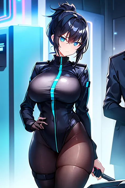 1girl, black hair, short hair, ponytail, long ponytail, blue eyes, large breasts, thick thighs, toned, hourglass figure, serious, blue jacket, police hat, police, neon, neon trim, futuristic, science-fiction, machinery, tech, car, race queen, sports car, p...