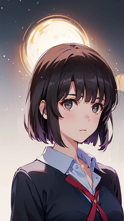 1 girl, black short hair, {{beautiful detailed face}}, {{{intense gaze}}}, black eyes with a cold and obsessive expression, snow-white skin, wearing a school uniform, standing silently, dark shadowy background, looking directly at the viewer, soft lighting...