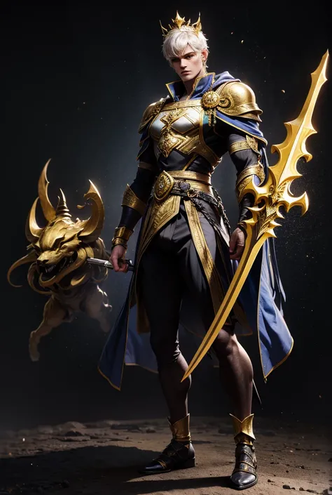 High Resolution, Master piece, Super detailed, Full Body display, Full body angle from head to shoes, Fantasy characters, 1 man, High 190 cm., Weight 80 kg., Yellow eyes, Short white hair, Smooth face, Thighs muscles, Gods crown, Earrings, Holding a one sw...