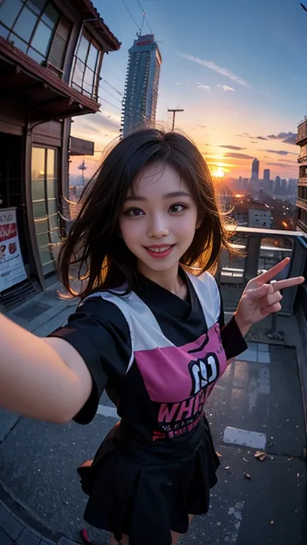 One person, Korean, Fisheye Lens, Selfie, wind, Messy Hair, sunset, Cityscape, (Aesthetics and atmosphere:1.2),smile