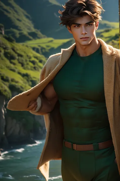 (absurdres, highres, extremely detailed, Ultra High Definition, masterpiece), The Highland Warrior: Standing atop a rocky cliff overlooking rolling green hills, a tall, muscular man with a large, smooth chest surveys the vast landscape, solo, Full length p...