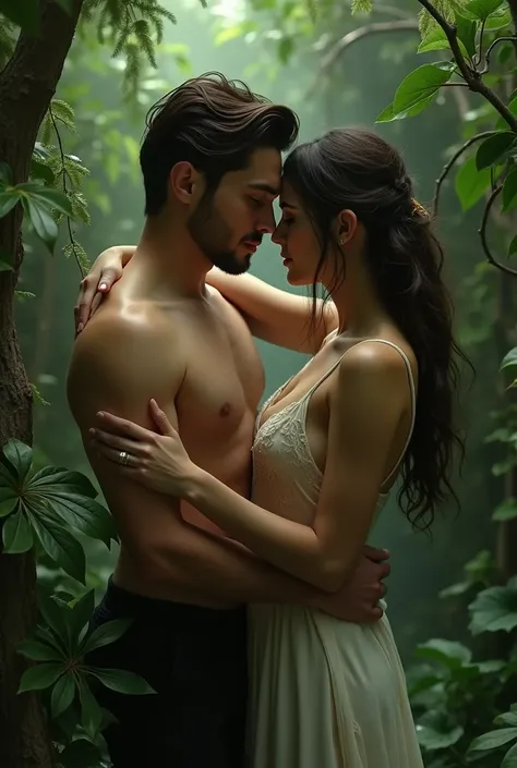 a beautiful lovers in the Garden of Eden, forbidden loveers, forbidden fruit, wearing clothes that make them look like theyre naked, full body  portrait, beautiful detailed eyes, beautiful detailed lips, extremely detailed face, longeyelashes, elegant dres...