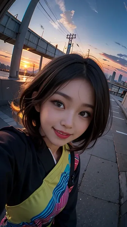 One person, Korean, Fisheye Lens, Selfie, wind, Messy Hair, sunset, Cityscape, (Aesthetics and atmosphere:1.2),smile