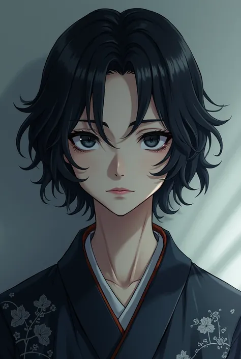 A man with shoulder-length wavy black hair, with a kimono, Pale skin and black eyes in anime style