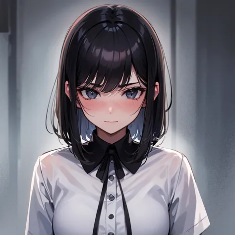 1 girl, black short hair, {{beautiful detailed face}}, {{{intense gaze}}}, black eyes with a cold and obsessive expression, snow-white skin, wearing a school uniform, standing silently, dark shadowy background, looking directly at the viewer, soft lighting...