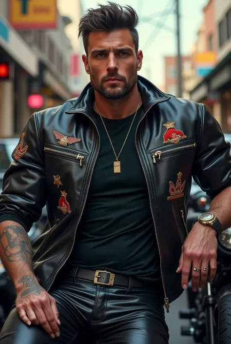 Masterpiece, HD wallpaper, 4k hombre australiano elegant y musculoso )(hairy body) strong muscular legs tight leather pants, Two-tone T-shirt with a spectacular leather and velvet jacket, fashion, modern surreal print,, close up, Perfect face, many details...