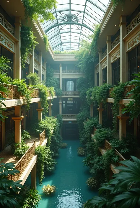 Large fantasy abandoned mall, flooded floor, glass ceiling, upstairs viewpoint with parapet, trees, vines, orchids, bromeliads, palm trees, ornaments, golden, many plants, tropical plants, marble walls, dynamic light, 8K, masterpiece, ultra detailed, beaut...