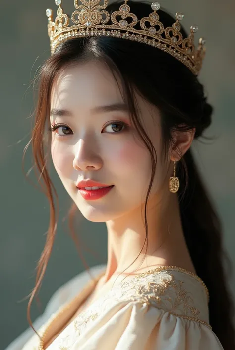 (8k, RAW photo, best quality, masterpiece:1.2), (realistic, photo-realistic:1.37), ultra-detailed, ultra high res, twtzuyu, 1 girl,looking at viewer,smile, ((wear crown on head)), queen, beautiful detailed eyes,  (floating hair), detailed clothes,  skin te...