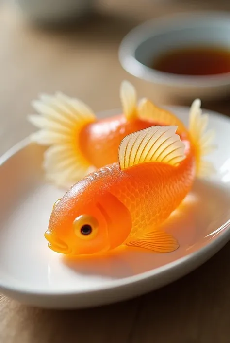 Japanese traditional confectioneries in the shape of goldfish, Delicate and transparent Japanese sweets, on the dish,