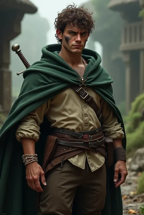 character detailing, man, hobbit, single, without shoes, bare feet, short hair, pixie haircut, leg hair, cape, hood on head, curly hair, fair skin, medieval, adventurer, fantasy, chocolate hair, dark green cloak, brown eyes, angry, big scar on cheek, sword...