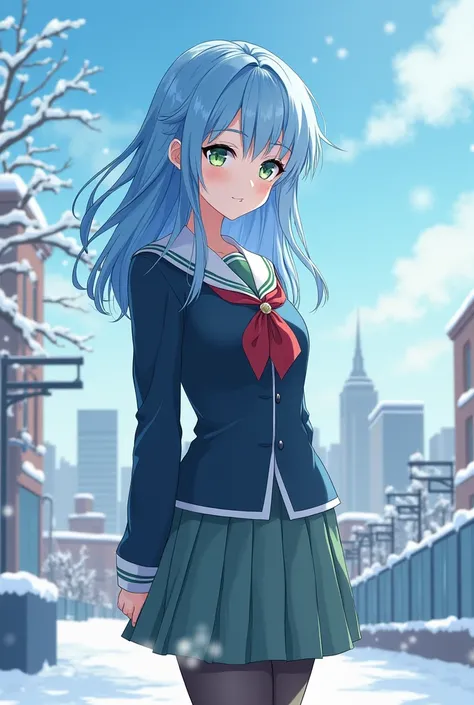 best quality,ultra high res,1girl,solo,full body,snow,city,, blue hair,green eyes,jk,school uniform,