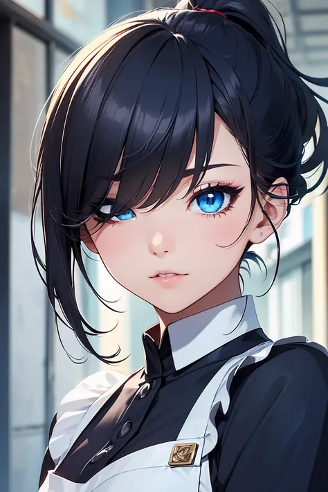 ((1 girl)), Maid Ninja, Cowboy Shot, Serve the Master,Akihabara Fashion, Low Ponytail,,((Very detailed,Best Quality, High resolution, 8K wallpaper, Beautiful clothes,)),((Shiny navy hair, Side Up, ((One eye hidden by bangs)) ,(Bright Blue Eyes),Eyeshadow, ...